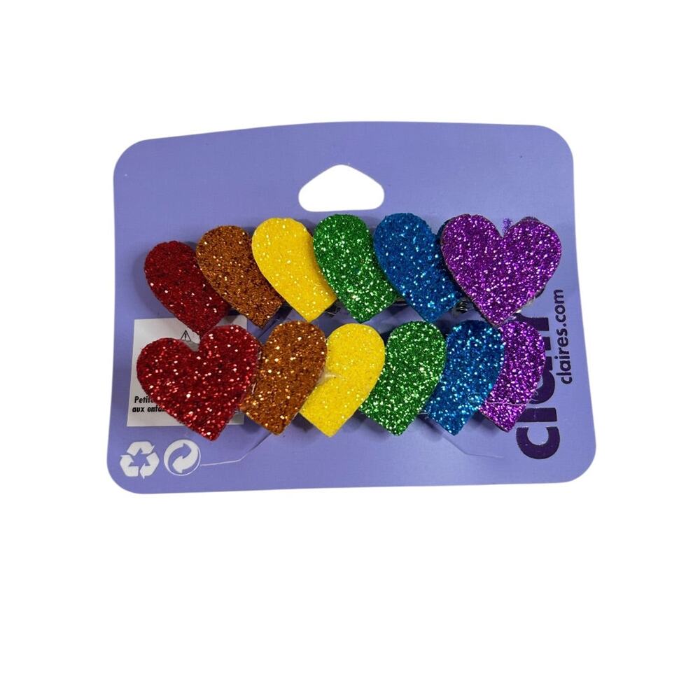 Claires New Rainbow Heart Sparkly Set of 2 Hair Clips 3 Inch